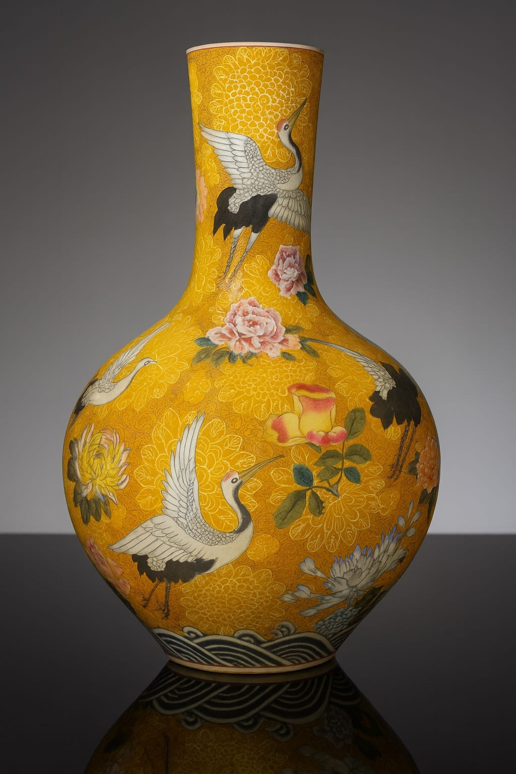多祿溙國際拍賣｜禦瓷臻藏 乾隆黃地軋道粉彩百鶴紋天球瓶